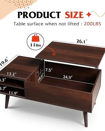 WLIVE Lift Top Coffee Table for Living Room,Small Coffee Table with Storage,Hidden Compartment and Adjustable Shelf,Mid Century Modern, Wood,Cherry,Espresso. - LeafyLoom