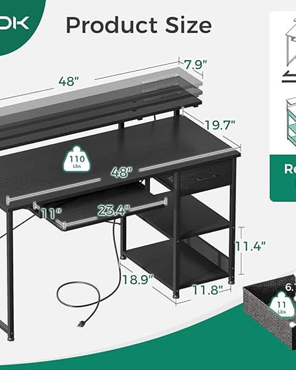 AODK Computer Desk with Keyboard Tray, 48 Inch Gaming Desk with Power Outlet, Office Desk with Drawer, Reversible Desk with Adjustable Monitor Shelf and Storage Shelf for Home, Black - LeafyLoom