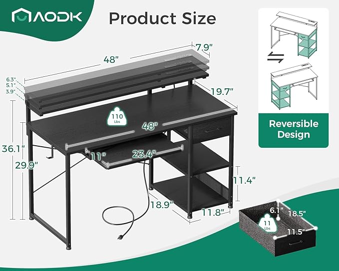 AODK Computer Desk with Keyboard Tray, 48 Inch Gaming Desk with Power Outlet, Office Desk with Drawer, Reversible Desk with Adjustable Monitor Shelf and Storage Shelf for Home, Black - LeafyLoom