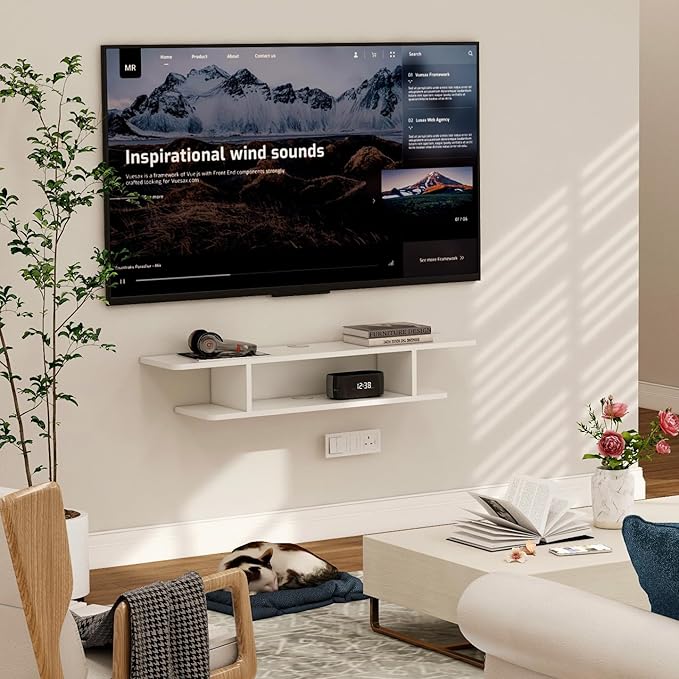Floating TV Stand, Wall Mounted Entertainment Center and Cabinet Shelf, TV Console with Storage, Media Console for DVD Player, Space-Saving Under TV Shelf for Bedroom, Living Room (White) - LeafyLoom