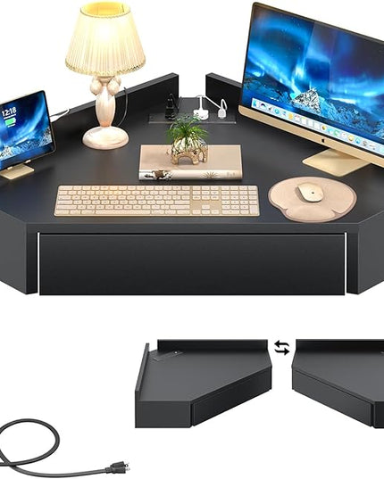 armocity Triangular Computer Desk with Outlets, Wall-Mounted Desk for Small Space, Floating Corner Table with Drawer, USB Ports, Home Office, Bedroom, Black - LeafyLoom
