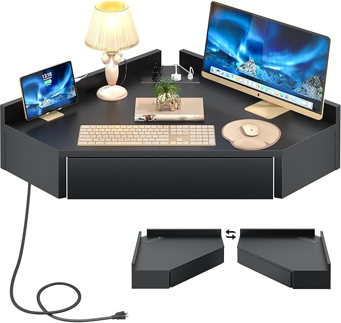 armocity Triangular Computer Desk with Outlets, Wall-Mounted Desk for Small Space, Floating Corner Table with Drawer, USB Ports, Home Office, Bedroom, Black - LeafyLoom