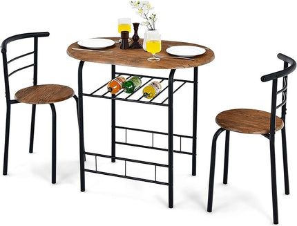 DORTALA 3PCS Dining Table Set, 1 table & 2 chairs set, 3 Piece Compact Dining Set, Oval Table & Mid-back Chairs w/Built-in Wine Rack, Suitable for Small Space, Black & Brown - LeafyLoom