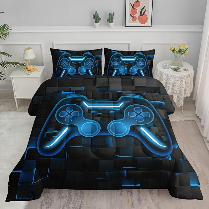 Axolotl Gamepad Comforter Set Full Size,Blue Grid Print Bedding Set,Boys Gaming Console Comforter Set,Modern Gaming controller Geometry Bedding Set for Adult Teens Men,1 Quilt 2 Pillowcases,Blue Black - LeafyLoom