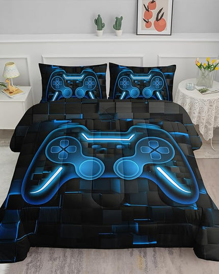 Axolotl Gamepad Comforter Set Twin Size,Blue Grid Print Bedding Set,Boys Gaming Console Comforter Set,Modern Gaming controller Geometry Bedding Set for Adult Teens Men,1 Quilt 2 Pillowcases,Blue Black - LeafyLoom