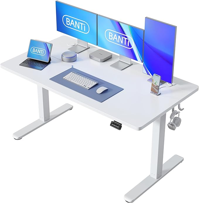 BANTI 63'' Standing Desk, Electric Stand up Height Adjustable Home Office Table, Sit Stand Desk with Splice Board, White - LeafyLoom