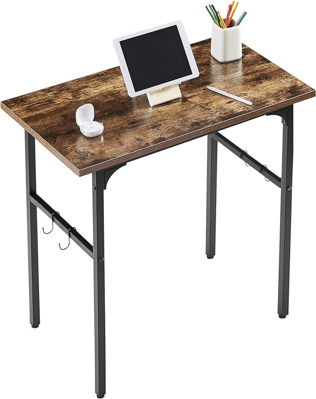 VECELO 32" Computer Writing Desk for Home Office, Study Table Workstation for Small Spaces with 4 Hooks & Adjustable Legs, Metal Frame,Brown, 32Inches - LeafyLoom