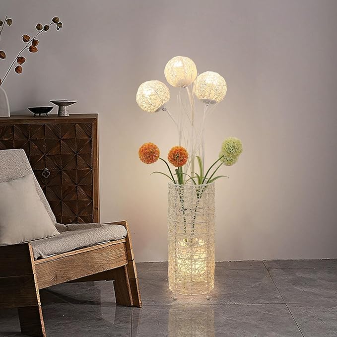 Modern Pastoral LED Floor Lamp: Decorative Hand-Woven Rattan Flower Night Light - Creative Standing Smart Lamp for Reading Living Room Bedroom Tea Room Club - LeafyLoom