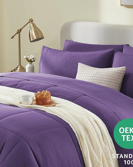 CozyLux Queen Size Comforter Set - 7 Pieces Bed in a Bag Set Purple, Bedding Sets Queen with All Season Quilted Comforter, Flat Sheet, Fitted Sheet, Pillowcases, Purple, Queen - LeafyLoom