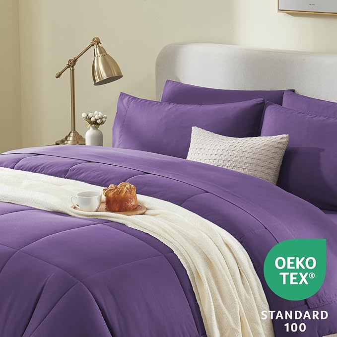 CozyLux Queen Size Comforter Set - 7 Pieces Bed in a Bag Set Purple, Bedding Sets Queen with All Season Quilted Comforter, Flat Sheet, Fitted Sheet, Pillowcases, Purple, Queen - LeafyLoom