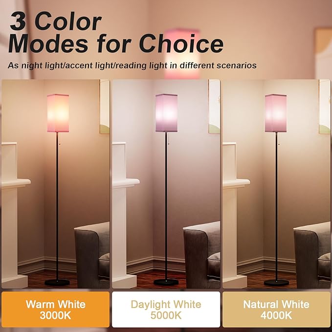 Pink Floor Lamps for Bedroom Modern- 3 Color Temperature Standing Lamps with Pull Chain Switch, Tall Lamp for Office Home Nursery and Hotel, Pole Lamp for Kids Room Reading Girls - LeafyLoom