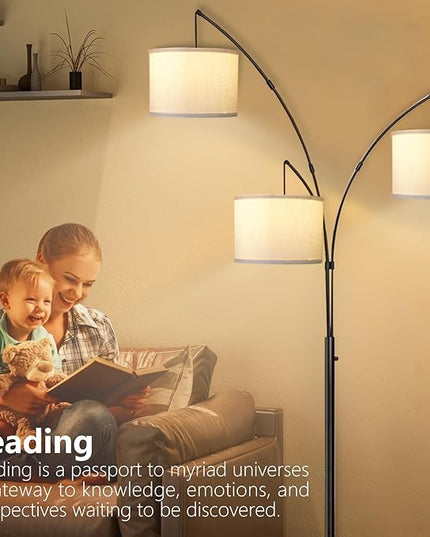 Dimmable Arc Floor Lamps for Living Room Modern 3 Lights Floor Lamp, Mid Century Tall Standing Reading Lamp 360° Adjustable Hanging Beige Shades for Bedroom Office Include Bulbs - LeafyLoom