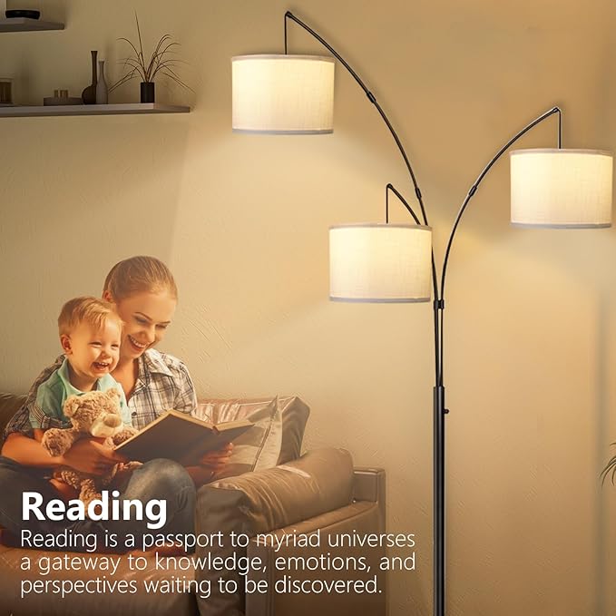 Dimmable Arc Floor Lamps for Living Room Modern 3 Lights Floor Lamp, Mid Century Tall Standing Reading Lamp 360° Adjustable Hanging Beige Shades for Bedroom Office Include Bulbs - LeafyLoom