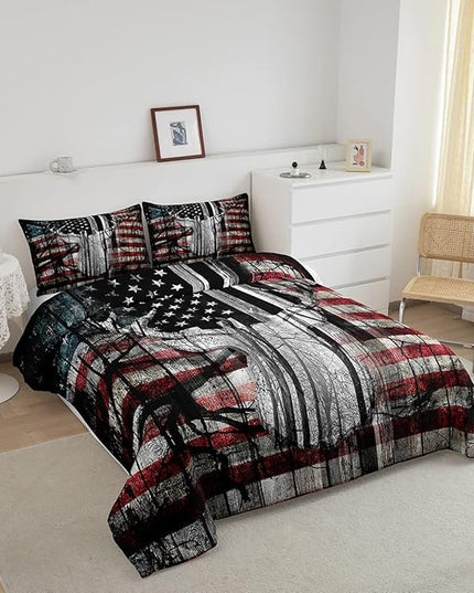 Feelyou American Flag Deer Antlers Bedding Set Hunting Camping Comforter Set for Kids Boys Girls USA Flag Comforter Tree Branch Inner Fill Duvet Set 1 Comforter Set with 2 Pillowcases King Size - LeafyLoom