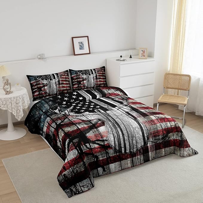 Feelyou American Flag Deer Antlers Bedding Set Hunting Camping Comforter Set for Kids Boys Girls USA Flag Comforter Tree Branch Inner Fill Duvet Set 1 Comforter Set with 2 Pillowcases King Size - LeafyLoom