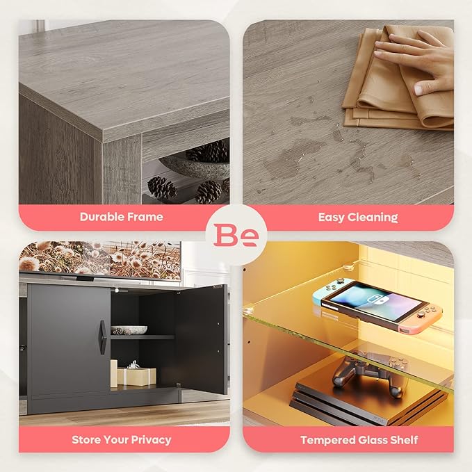 Bestier 70 Inch Led TV Stand for 75 Inch TV Large Entertainment Center Gaming with Adjustable Glass Shelves Two Cabinets Modern TV Console for Living Room 22 RGB Modes, Wash Gray - LeafyLoom