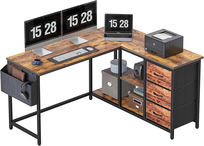 Treesland L Shaped Desk with Drawers, Computer Desk with Storage & Shelves, Corner Desk with Storage, Home Office Desks with Drawers, L Shape Desks with Storage, Brown - LeafyLoom