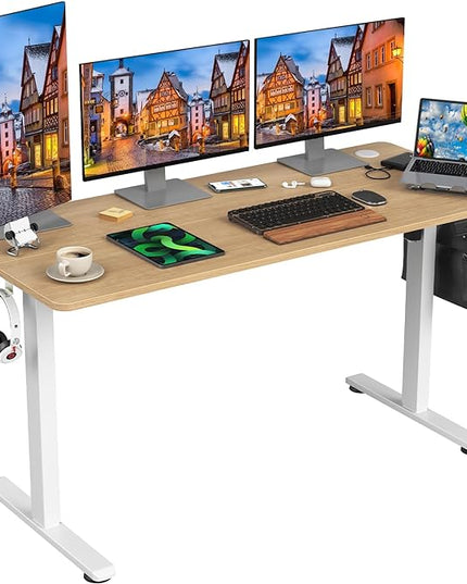 STARY Electric Adjustable Height Sit Stand Home Office Desk with Splice Board, 55x24, Castin Oak Desktop/White Frame - LeafyLoom