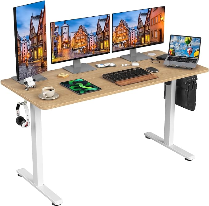 STARY Electric Adjustable Height Sit Stand Home Office Desk with Splice Board, 55x24, Castin Oak Desktop/White Frame - LeafyLoom