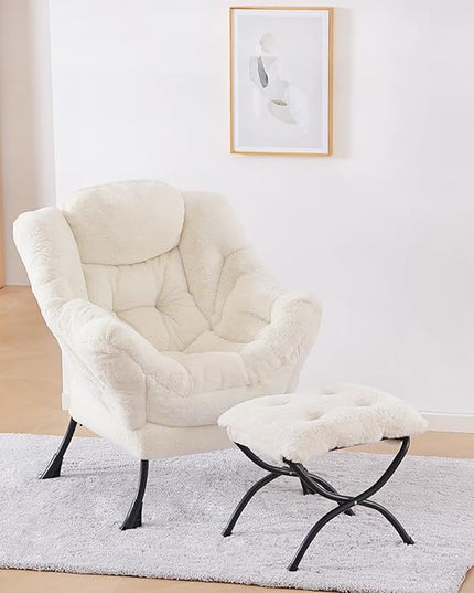 Plush Lazy Chair and Ottoman, Large Contemporary Accent Lounge Chair with Armrests and a Side Pocket, Modern Leisure Upholstered Sofa Reading Armchair with Footrest for Bedroom, Living Room - LeafyLoom