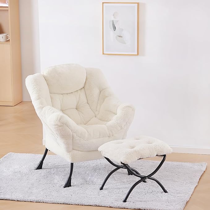 Plush Lazy Chair and Ottoman, Large Contemporary Accent Lounge Chair with Armrests and a Side Pocket, Modern Leisure Upholstered Sofa Reading Armchair with Footrest for Bedroom, Living Room - LeafyLoom