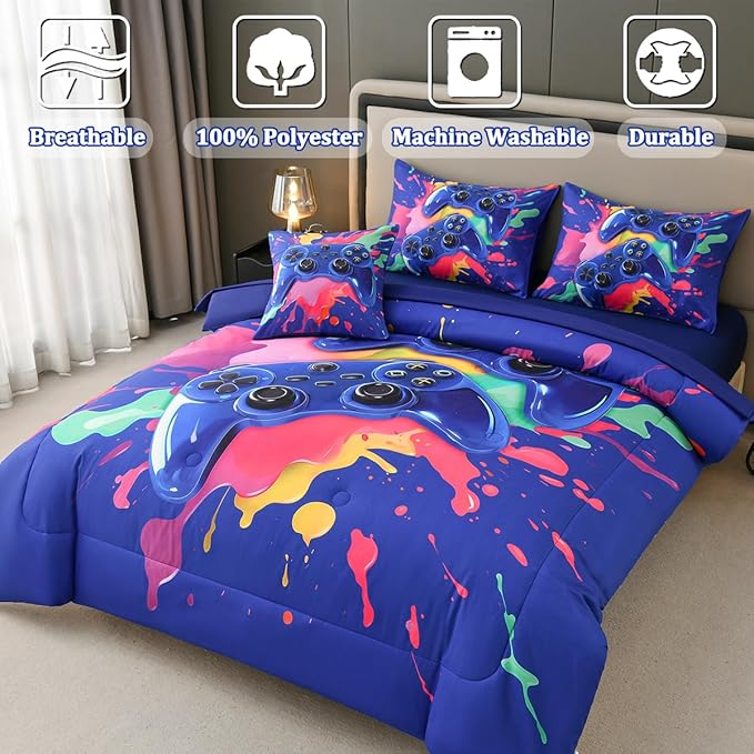 Gamer Comforter Set for Boys Kids, 6 Pcs Bed in a Bag Game Controller Boys Bediing Set Twin Size for All Season - LeafyLoom
