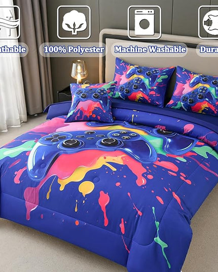 Full Size Gamer Comforter Set for Boys, Game Controller 6 Pcs Bed in a Bag Full Gaming Bediing Set for Boys Kids - LeafyLoom