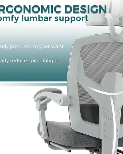 edx Ergonomic Office Chair, Reclining High Back Mesh Computer Desk Swivel Rolling Home Task Chair with Lumbar Support Pillow, Adjustable Headrest, Retractable Footrest and Padded Armrests, Grey - LeafyLoom