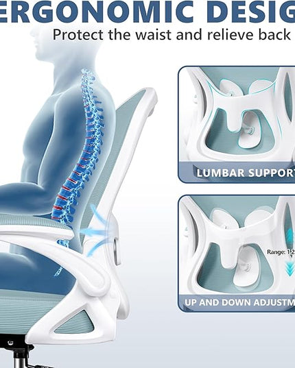 Office Chair Desk Chair, Ergonomic Mesh Computer Chair Home Office Desk Chairs, Swivel Task Chair Mid Back Breathable Rolling Chair with Adjustable Lumbar Support Flip Up Armrest (Light Blue) - LeafyLoom