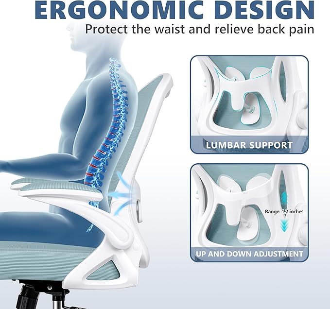 Office Chair Desk Chair, Ergonomic Mesh Computer Chair Home Office Desk Chairs, Swivel Task Chair Mid Back Breathable Rolling Chair with Adjustable Lumbar Support Flip Up Armrest (Light Blue) - LeafyLoom