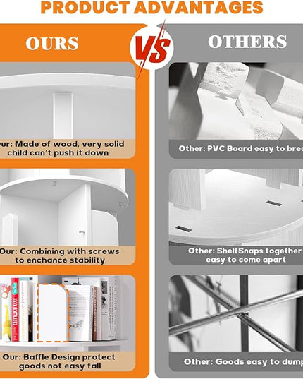 Rotating Bookshelf, Wood Corner Bookshelf, 360 Display Spinning Bookcase Storage Rack, 4 Tier Floor Standing Revolving Bookcase Narrow Book Shelf Organizer for Small Space, Bedroom, White - LeafyLoom