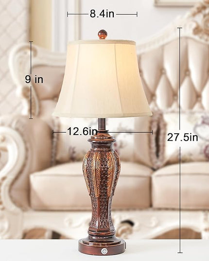 27.5''Tall Bedroom Lamps Set of 2,Rustic Farmhouse Table Lamps for Living Room,3-Way Dimmable Touch Bedside Lamps with 2-USB Charging Ports for Nightstand (Retro Bronze) - LeafyLoom