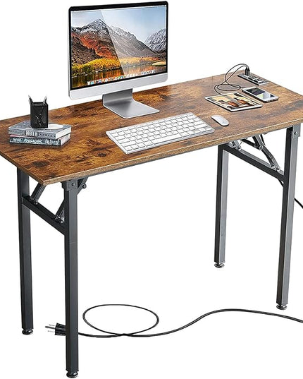 Frylr Foldable Desk 31.5'',Small Desks for Small Spaces with Power Outlet and USB Ports Charging Station,folding computer desk,Home Office Collapsible Desk,Stable Metal Frame,Rustic Brown - LeafyLoom