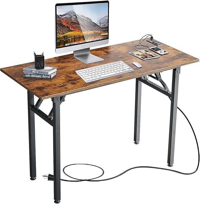 Frylr Foldable Desk 31.5'',Small Desks for Small Spaces with Power Outlet and USB Ports Charging Station,folding computer desk,Home Office Collapsible Desk,Stable Metal Frame,Rustic Brown - LeafyLoom
