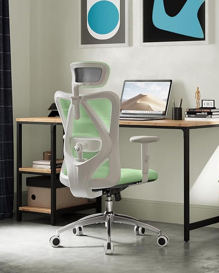 SIHOO M18 Ergonomic Office Chair, Computer Desk Chair with Adjustable Headrest and Lumbar Support, High Back Executive Swivel Chair for Home Office (Light Green) - LeafyLoom
