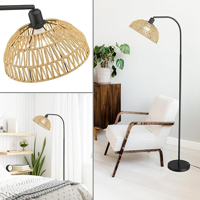 Farmhouse Floor Lamps with Remote Control for Living Room, Arch Tall Standing Lamp, Over Couch Mid Century Arched Reading Lamp, Dimmable Tall Lamp with 9W LED Bulb for Bedroom,Office (Black) - LeafyLoom