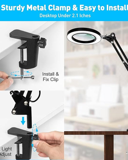 10X Magnifying Glass with Light, Flexible Arm Magnifier Lamp, 3 Color Modes & Stepless Dimming Magnifying Lamp with Clamp, Hands Free Lighted Magnifying Glass for Hobby Craft Workbench-Black - LeafyLoom