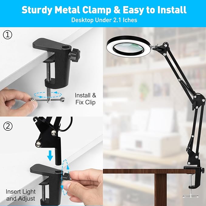 10X Magnifying Glass with Light, Flexible Arm Magnifier Lamp, 3 Color Modes & Stepless Dimming Magnifying Lamp with Clamp, Hands Free Lighted Magnifying Glass for Hobby Craft Workbench-Black - LeafyLoom