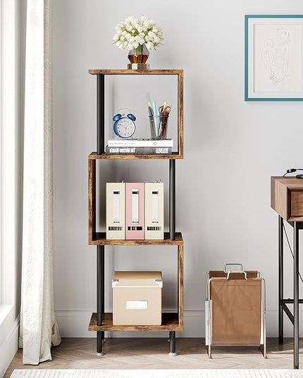 4 Tier Modern Bookshelf, S-Shaped Bookcase,Small Book Shelf for Small Spaces, Unique Bookshelf for Storage Organizer Living Room Bedroom Home Office, Brown - LeafyLoom
