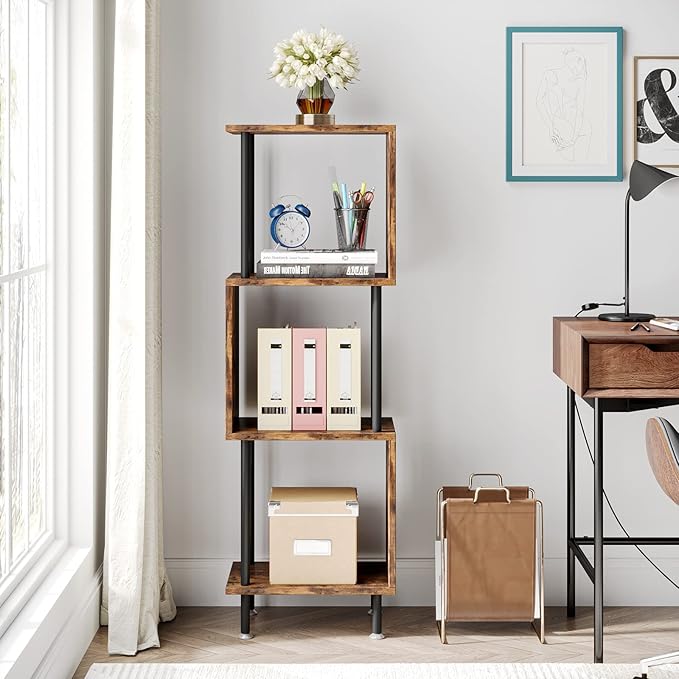 4 Tier Modern Bookshelf, S-Shaped Bookcase,Small Book Shelf for Small Spaces, Unique Bookshelf for Storage Organizer Living Room Bedroom Home Office, Brown - LeafyLoom