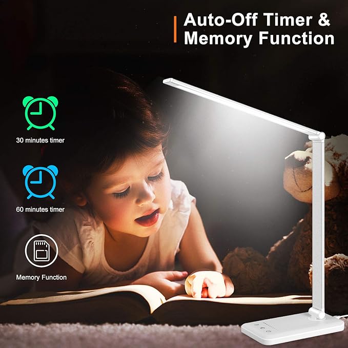 Linkstyle LED Desk Lamp, Table Light with USB Charging Port, Foldable Dimmable 5 Modes 10 Brightness Levels Touch Control Desk Light Auto Timer Eye Caring Book Reading Lamps for Home Office - LeafyLoom