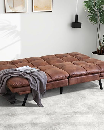 MUUEGM Futon Sofa Bed Couch - Convertible Sofa Bed, Loveseat Sleeper Sofa with Adjustable Backrest, Memory Foam Folding Futon for Living Room, Small Space, Apartment, PU Leather Brown - LeafyLoom