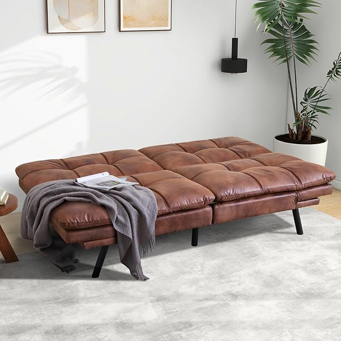 MUUEGM Futon Sofa Bed Couch - Convertible Sofa Bed, Loveseat Sleeper Sofa with Adjustable Backrest, Memory Foam Folding Futon for Living Room, Small Space, Apartment, PU Leather Brown - LeafyLoom
