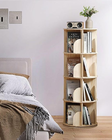 Rotating Bookshelf Tower, 4 Tier 360 Display Spinning Bookshelf, Solid Wood Narrow Book Shelf Organizer for Kid Adult, Corner Floor Standing Bookcase for Bedroom, Living Room, Study Room, Small Space - LeafyLoom