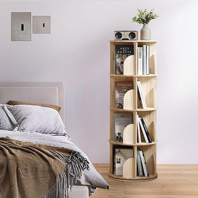 Rotating Bookshelf Tower, 4 Tier 360 Display Spinning Bookshelf, Solid Wood Narrow Book Shelf Organizer for Kid Adult, Corner Floor Standing Bookcase for Bedroom, Living Room, Study Room, Small Space - LeafyLoom