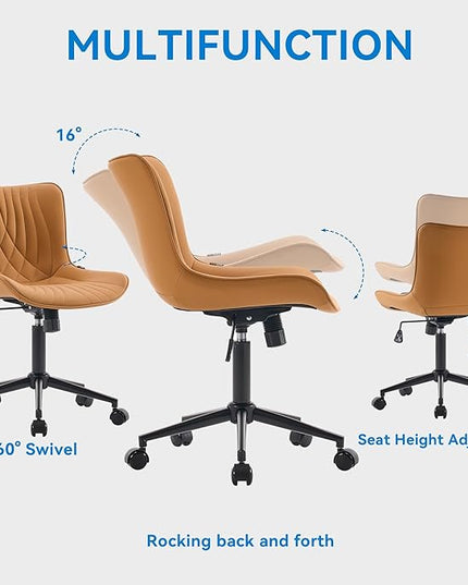 YOUNIKE Office Chair, Armless Desk Chair with Wheels, Home Office Computer Task Chairs, Modern Faux Leather Upholstered Vanity Chair, Adjustable Swivel Rocking Chair with Back, Saffron Tan - LeafyLoom