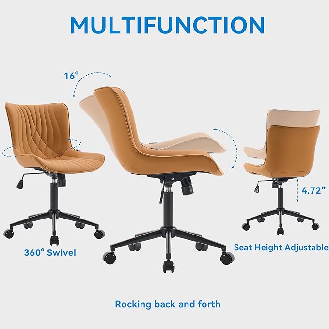 YOUNIKE Office Chair, Armless Desk Chair with Wheels, Home Office Computer Task Chairs, Modern Faux Leather Upholstered Vanity Chair, Adjustable Swivel Rocking Chair with Back, Saffron Tan - LeafyLoom