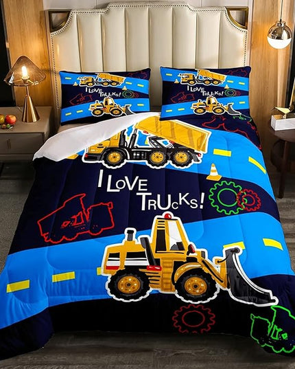 Truck Comforter Set Boys Full Down Comforter Kids Excavator Equipment Truck Bedding Set Construction Vehicle Quilt Duvet Set Cartoon Machinery Truck Gear Bulldozer Tractor Cars Duvet Set,Colorful - LeafyLoom