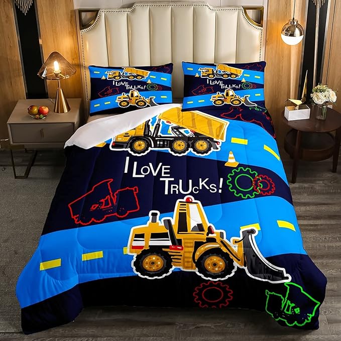 Truck Comforter Set Boys Twin Bedding Sets Kids Excavator Equipment Truck Down Comforter Construction Vehicle Quilt Duvet Set Cartoon Machinery Truck Gear Duvet Set Bulldozer Tractor Cars,Colorful - LeafyLoom