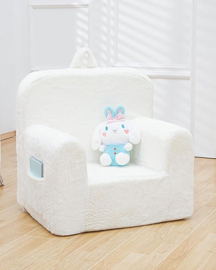 Snuggly-Soft Cuddly Toddler Plush Armchair for Boys and Girls Fuzzy Plush Kids Sofa Couch Reading Chair with Children Friendly Handle for Easy Movement & Double Pockets for Good Storage, Cream - LeafyLoom